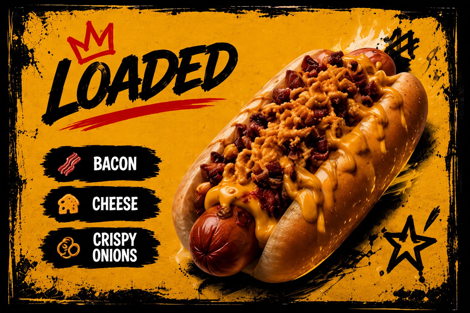 Loaded glizzy — bacon, cheese, crispy onions