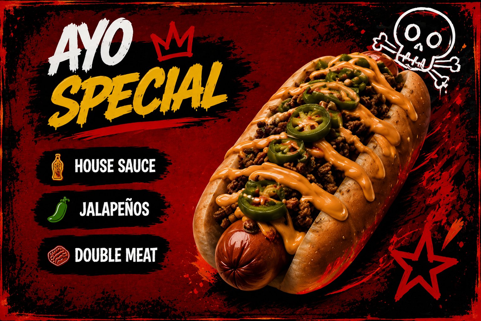 Ayo Special — house sauce, jalapeños, double meat